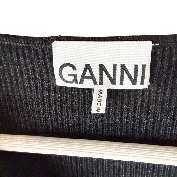 GANNI Black Ribbed Merino Wool Lace Up V Neck Tunic Top Dress Women's Size M - Picture 7 of 13